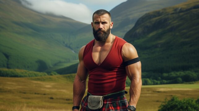portrait of a mature muscular man in a T-shirt and red kilt outdoors