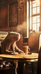 Capybara enjoying a morning cup of coffee in the quiet of an old Viennese cafe, time for vacation and travel.