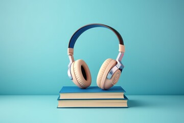 a stack of books and wireless headphones. audiobooks.