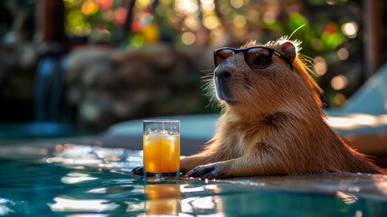 happy capybara in sunglasses relaxing at a spa hotel swimming in the pool and drinking a pina colada cocktail, hotel spa advertising photo - obrazy, fototapety, plakaty