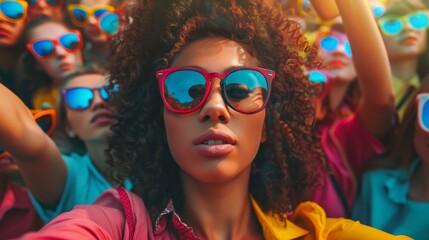 A striking close-up of a trendy young woman with curly hair and red sunglasses, surrounded by a crowd in colorful shades.