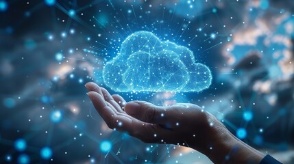 A hand holds a glowing, holographic cloud symbol, representing cloud computing technology and connectivity in the digital age.
