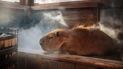 Capybara lies on a shelf in a Finnish sauna enjoying life, poster with space for relaxation and travel concept