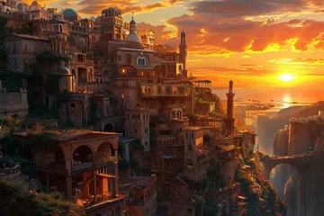 Foto op Canvas Historic Ancient town sunset. Famous city island. Generate Ai © anatolir