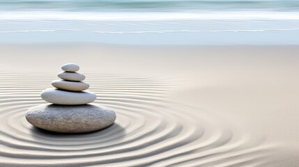 Fototapeta na wymiar Zen concept, meditative elements - arranged stones, sand patterns, balance and harmony,