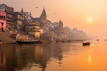 Spiritual Ancient varanasi city. Delightful and colorful architectural marvel. Generate AI - obrazy, fototapety, plakaty