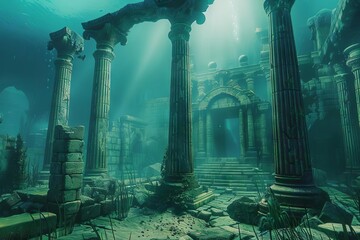 Lost Atlantis Mystical Underwater City Ruins - 3D Illustration of an Ancient Civilization Submerged