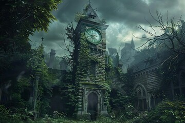 Lost in Time Abandoned Clock Tower Surrounded by Overgrown Vegetation, Digital Art Timeless Ruin Theme - obrazy, fototapety, plakaty