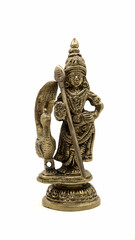 statue of hindu god of war subramanya with his spear weapon, son of lord shiva with his peacock isolated in a white background