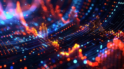 Fototapeta premium Dynamic visual of glowing data wave patterns on a digital network, symbolizing the flow of information and connectivity in cyberspace.