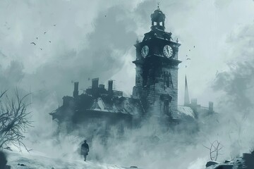 Lost in Time, Sketch-Style Concept Illustration of an Old Abandoned Clock Tower Surrounded by Fog