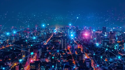 A high-angle shot of a sprawling urban landscape at night, brilliantly lit with a digital overlay representing a smart, interconnected city. - obrazy, fototapety, plakaty