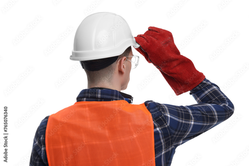 Wall mural Young man wearing safety equipment on white background, back view