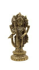 statue of hindu god of war subramanya, son of lord shiva with his animal, a peacock isolated in a white background
