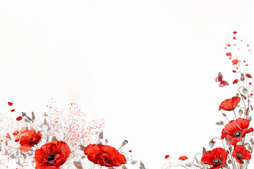 bordure de coquelicots rouge et de papillon pour l'arrivée des beaux jours et de la chaleur, fleurs pavot sur fond blanc avec espace négatif copy space