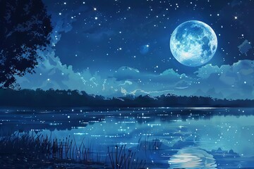 Lunar Harmony Serene Moonlit Lake Reflecting a Crisp Night Sky, Digital Landscape Art