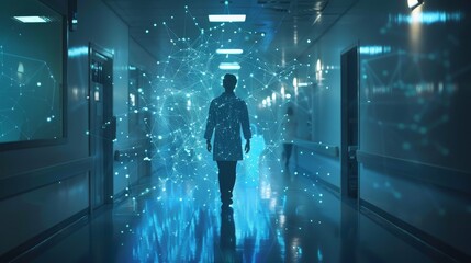 A medical professional strides through a hospital hallway, surrounded by a complex network of digital connections, evoking futuristic healthcare innovation.