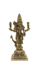 statue of hindu god of war karthikeya, son of lord shiva with his pet peacock isolated in a white background