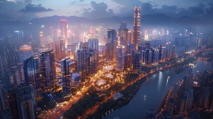 A dazzling cityscape at twilight with radiant skyscrapers and a winding river reflecting the vibrant city lights. - obrazy, fototapety, plakaty