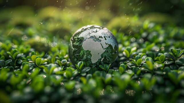 A symbolic globe rests among vibrant green leaves, dotted with fresh water droplets under a soft, glowing light.