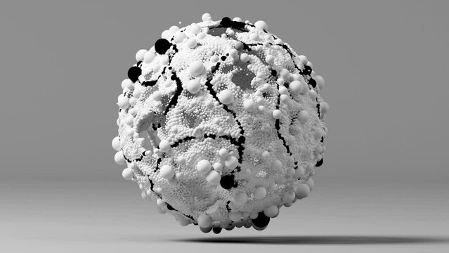 3d render of abstract art black and white monochrome with flying surreal ball or sphere based on small and big bubbles particles in different sizes as mosaic in a deformation rotation process  