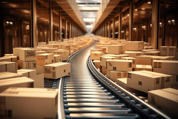 Line for transporting goods in a warehouse. Large mail warehouse with packed boxes. Conveyor for corton boxes in a warehouse.