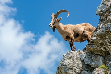A mountain goat with impressive horns standing on the rocky cliff.