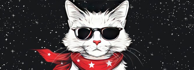 White cat with sunglasses and red bandana against black sky