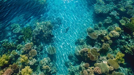 Naklejka na ściany i meble An aerial shot capturing the complex beauty of a coral reef ecosystem visible through the crystal-clear blue waters.