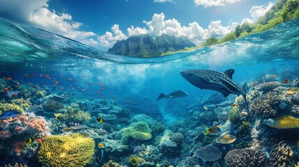 Split view of a serene underwater scene showcasing whale sharks swimming near a vibrant coral reef with a mountainous island backdrop.