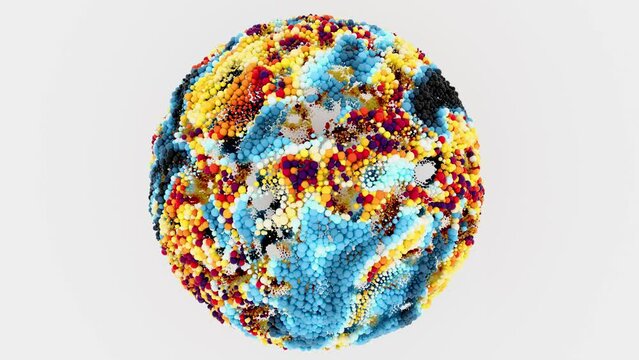 3d render of abstract art with a surreal ball or sphere based on small bubble particles in different sizes as mosaic in a deformation rotation process  in red blue yellow white mixed color on white 