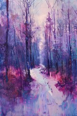 Semi-abstract oil painting depicting a winter forest landscape, blending realism and abstraction...