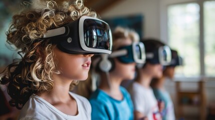Curious children wearing virtual reality headsets, deeply engaged in exploring digital dimensions in a bright, indoor setting.