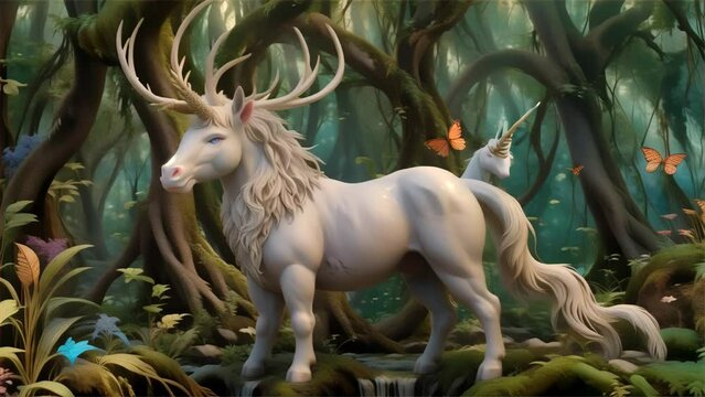 A mythical unicorn stands amidst a lush, enchanted forest setting, flanked by delicate butterflies.