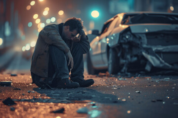 A desperate man sits on the asphalt against the background of a crashed car, the motive of driving under the influence of alcohol and causing an accident
 - obrazy, fototapety, plakaty