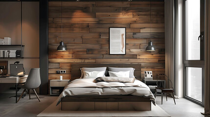 Industrial-inspired bedroom with a wood-paneled accent wall and hidden storage within the headboard