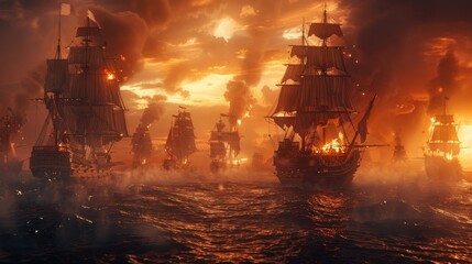 A dramatic depiction of an 18th-century naval battle with tall ships engaged in fierce combat at sunset.