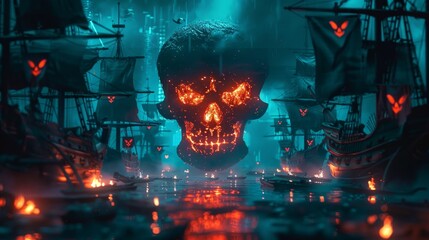 Fantasy scene with ghost pirate ships and a menacing skull hologram looming over misty waters, evoking a haunted seascape.