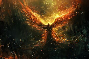 Phoenix Rebirth Mythical Firebird Rising from Ashes, Digital Art, Resurgence Theme - obrazy, fototapety, plakaty