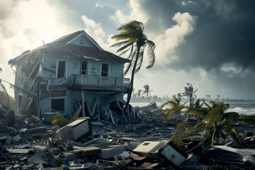 A ruined house or town on the coast after a hurricane
