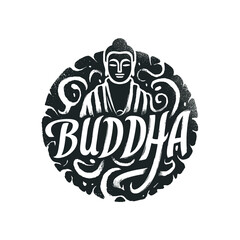 A black and white logo of Buddha with the word Buddha written in white. The logo has a circular shape and is surrounded by a pattern