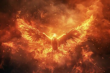 Obraz na płótnie Canvas Phoenix Rebirth Mythical Firebird Rising from Ashes, Digital Art, Resurgence Theme
