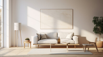 A 3D illustration that casts a mock-up poster frame as the focal point in a serene, modern living room, designed with the hallmark minimalism of Scandinavian aesthetics. - obrazy, fototapety, plakaty