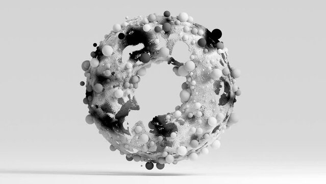 3d render of abstract art black and white monochrome with flying surreal torus ring based on small and big bubble particles in different sizes as mosaic in a deformation rotation process on grey back
