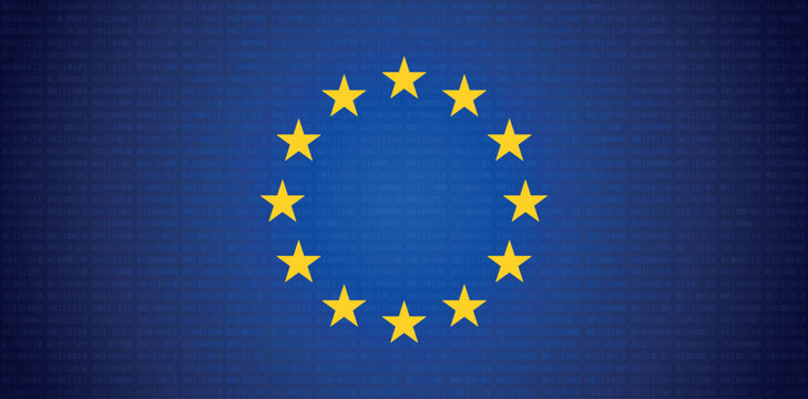 National flag of Europe. Background with flag of Europe. GDPR concept illustration. General data protection regulation icon in blue gradient and binary code. binary future technology map, blue cyber
