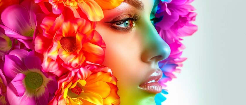  A photo of a woman with flowers in her hair, her face painted in vivid tones