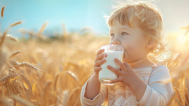 child drinks a glass of milk against the background of a wheat field, Generative AI,