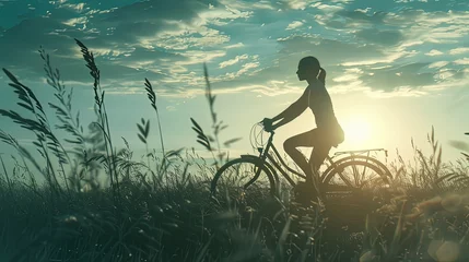 Türaufkleber Silhouette of a woman riding a bicycle on the meadow. World Bicycle Day. Meadow escape: Cycling into the sunset. © Евгений Федоров