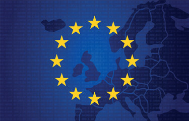 European Union flag, EU flag over the map of Europe, EU flag and binary future technology map, blue cyber security concept background. Union of europe symbol. Blue flag with circle stars. Official - obrazy, fototapety, plakaty