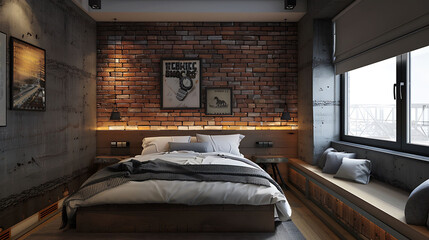 Industrial-style bedroom with a brick-textured wall and built-in hidden storage under the window bench